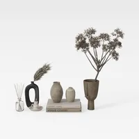 Modèle 3D d'un arrangement décoratif reprenant une sélection d'accessoires élégants et d'éléments naturels dans les formats SKP, MAX, RAR.
