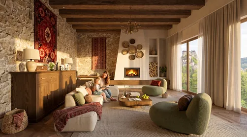 cozy living room featuring a stone wall design and a fireplace, enhancing warmth and comfort, showcasing interior decor styling with Homestyler's real-time 3D rendering.