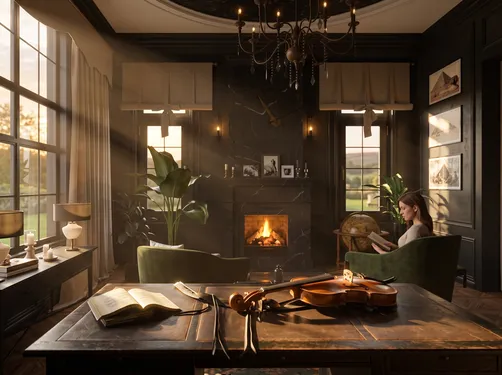 cozy living room with a woman reading near a fireplace in a modern rustic style, showcasing interior decor design using Homestyler's real-time 3D rendering feature for a realistic preview.