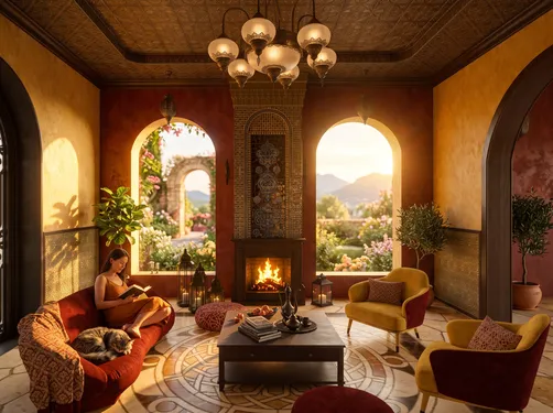 Cozy living room featuring a woman reading by the fireplace in a bohemian style with warm colors and intricate design, showcasing Homestyler's real-time 3D rendering for interior design previews.