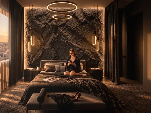 modern bedroom design featuring a woman using her phone, illuminated by stylish pendant lights, showcasing a contemporary interior decor concept from Homestyler's 3D rendering.