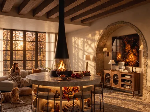 cozy living room with a round fireplace featuring warm lighting and autumn views, showcasing interior decor design using Homestyler's real-time 3D rendering feature.