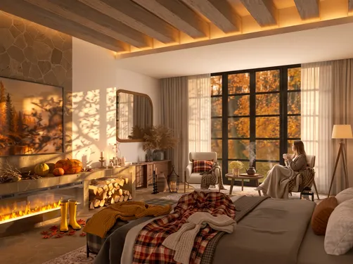 Cozy living room with a fire place and autumn view, showcasing warm decor elements and a relaxed atmosphere, using Homestyler's real-time 3D rendering feature.