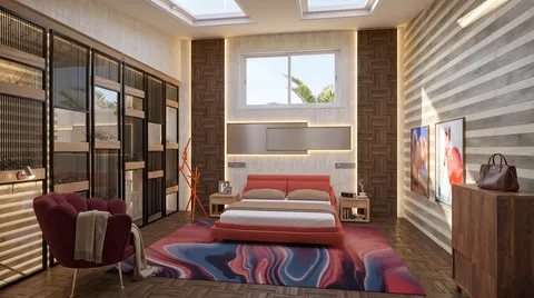 modern bedroom design featuring a stylish bed arrangement, incorporating contemporary aesthetics with warm wood tones, showcasing a cozy atmosphere.