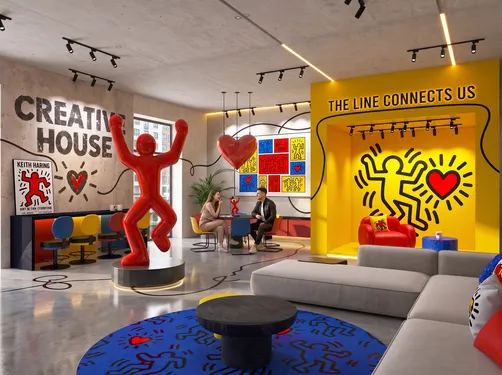 Colorful creative house interior featuring bold art installations and modern furniture, designed for a vibrant living space using Homestyler's real-time 3D rendering feature.
